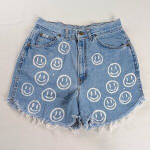 VTG Light Wash Denim Raw Hem Smile Faces High Rise All Over Print Shorts OOAK